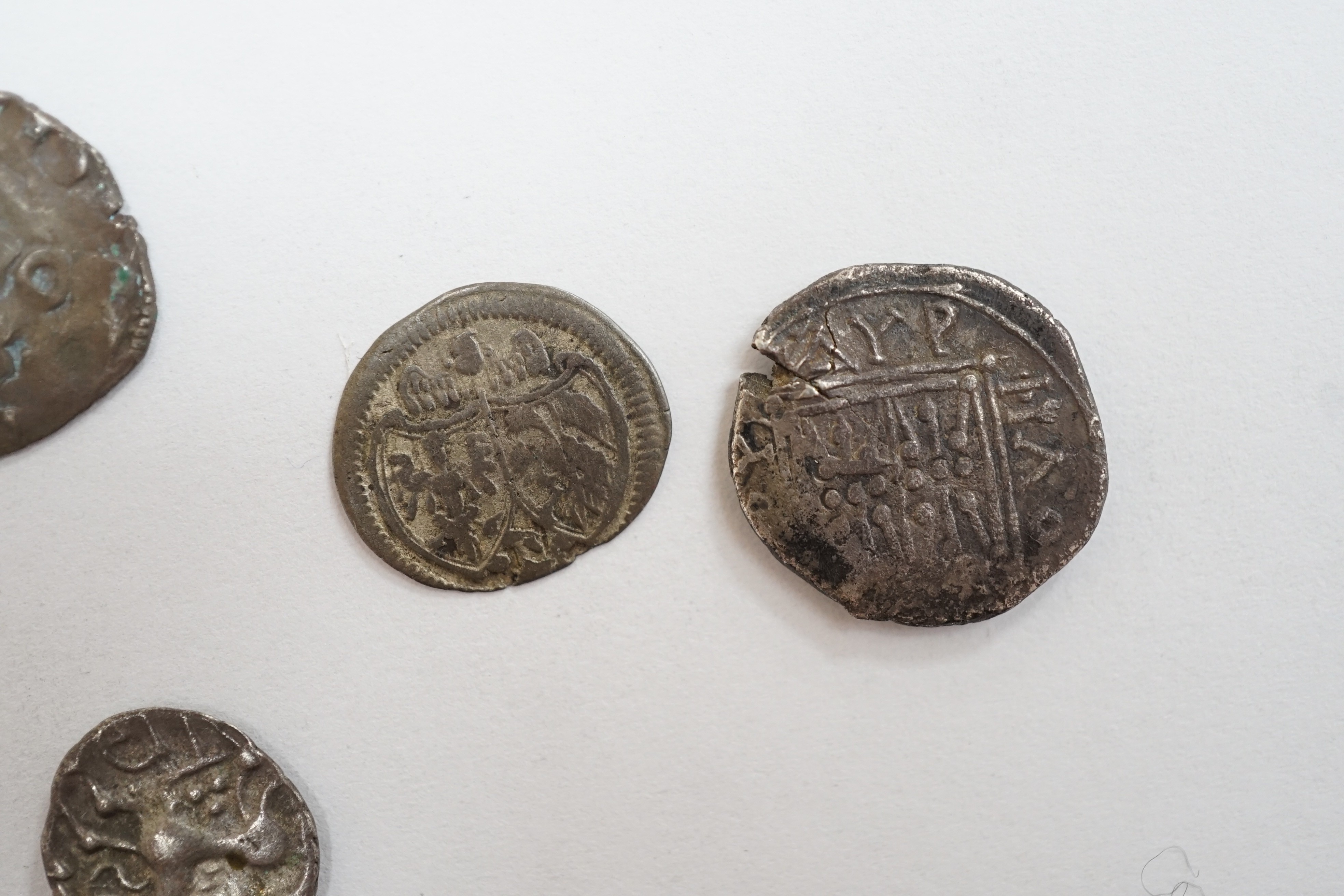 Greek, Celtic and European medieval coinage to include an AR drachm, Illyria, an Iceni Antedios Anted silver unit, a Venetian AR grosso, two deniers tournois, a Charles the Bold 2 Stuivers and a fragment of a lead crucif